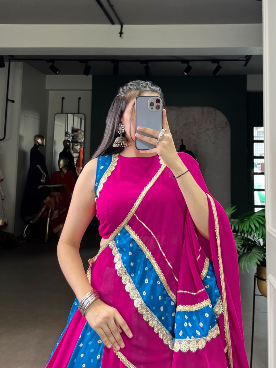 Magenta & Blue Bandhani Chaniya Choli for Navratri in Tasar Silk with Lace Detail