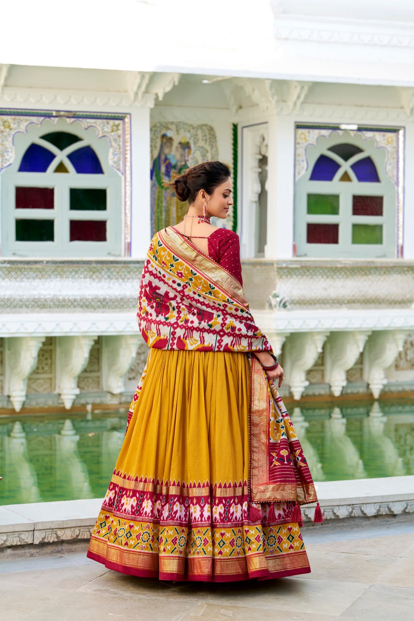 Tussar Silk Traditional Mustard Patola Print Chaniya Choli for Navratri with Foil Work & Gotta Patti Dupatta