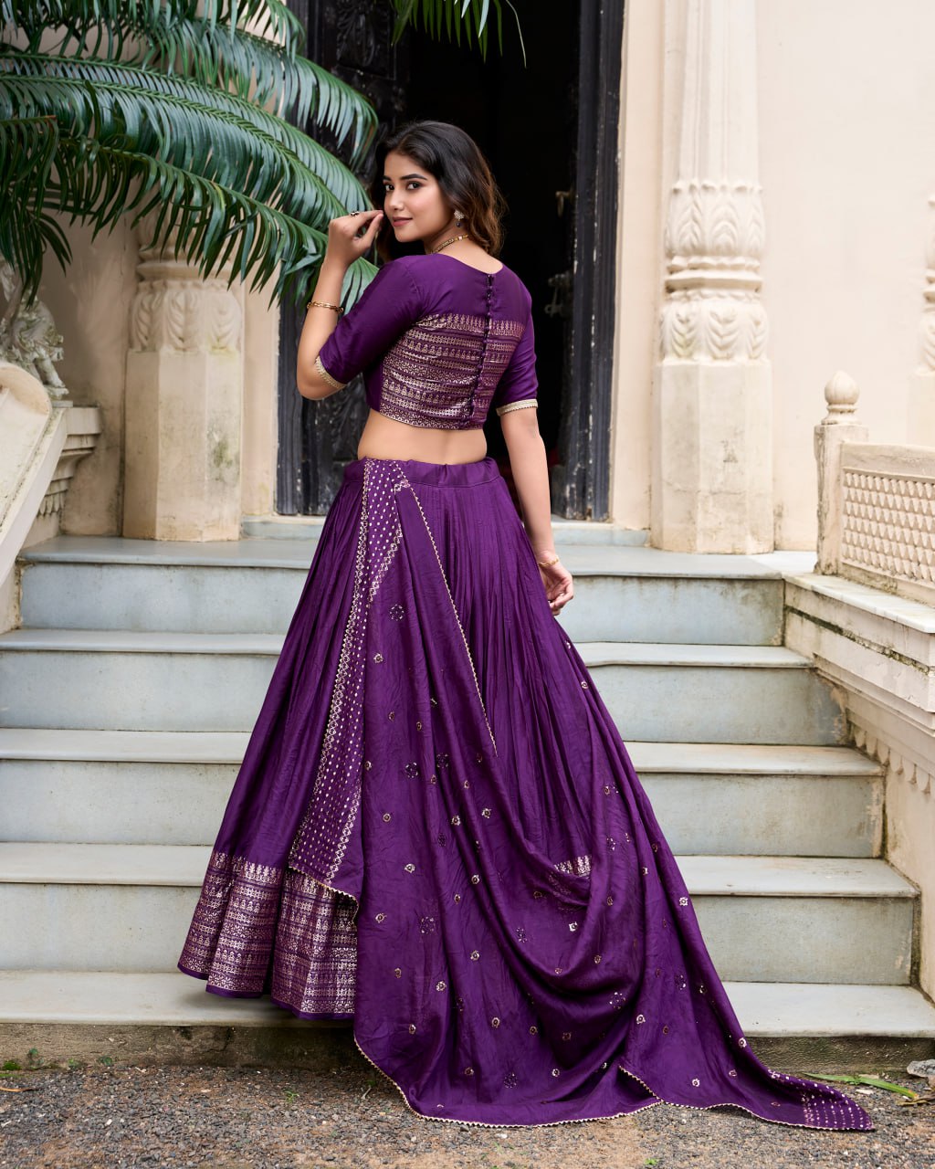 Pure Chanderi Dark Purple Chaniya Choli for Navratri with Zari Weaving Border & Sequins Dupatta