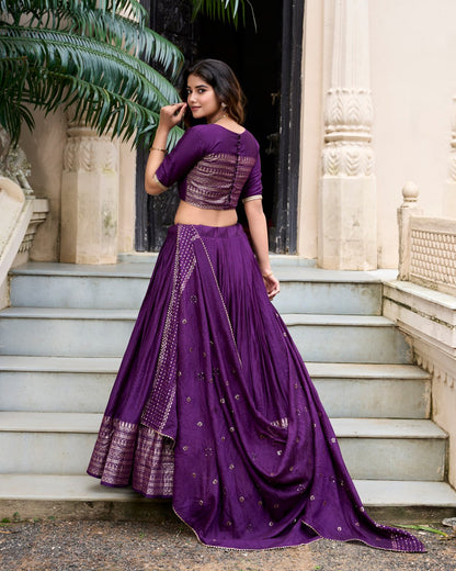 Pure Chanderi Dark Purple Chaniya Choli for Navratri with Zari Weaving Border & Sequins Dupatta