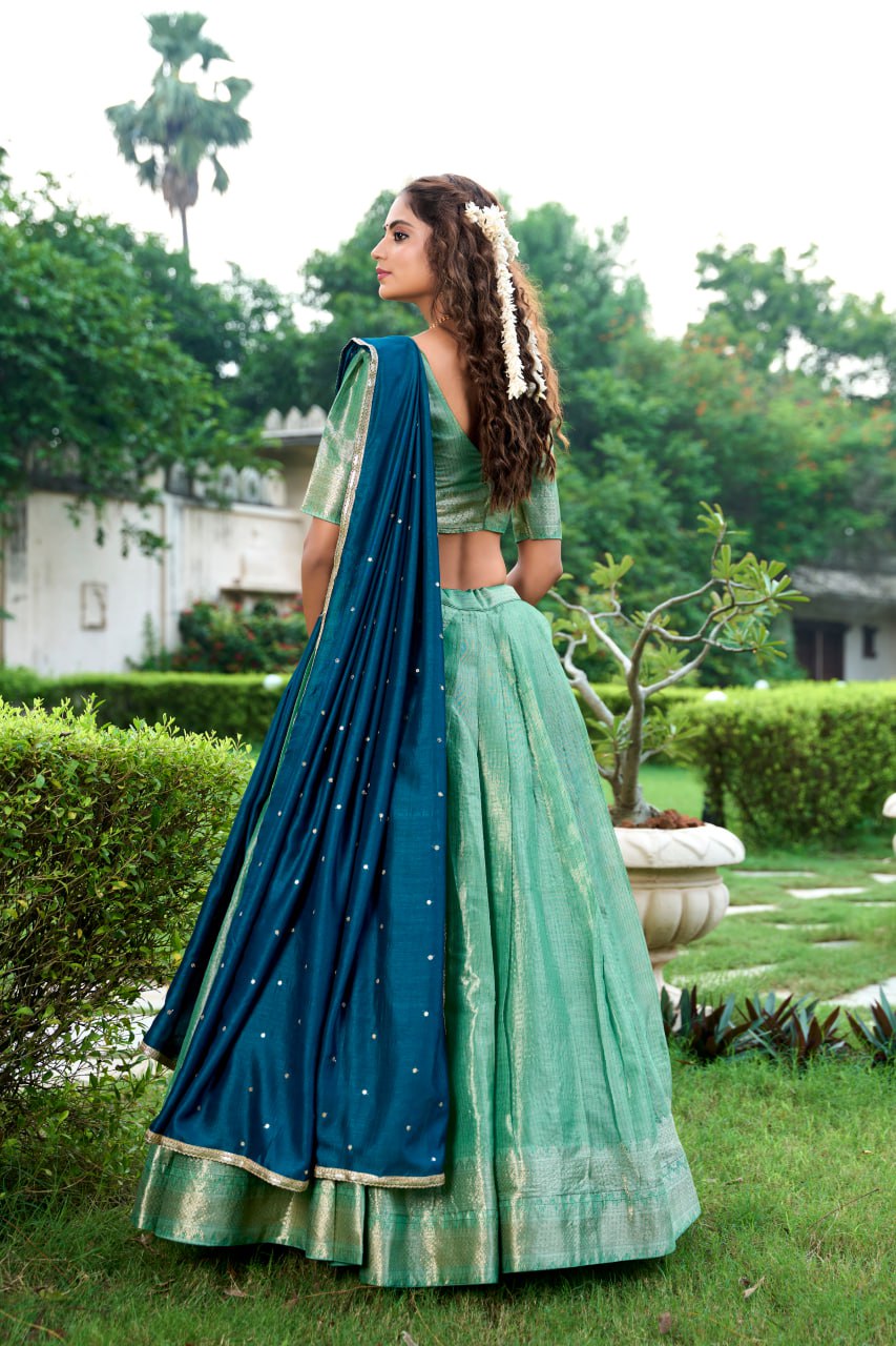 Sea Green Kanchipuram Lehenga Choli with Zari Weaving Work & Vichitra Silk Embroidered Dupatta