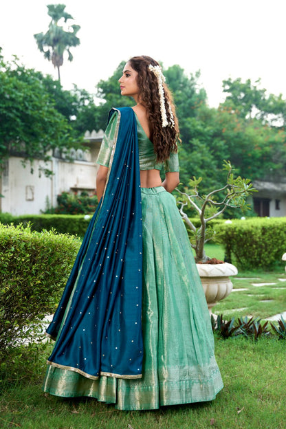 Sea Green Kanchipuram Lehenga Choli with Zari Weaving Work & Vichitra Silk Embroidered Dupatta