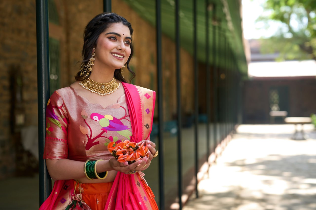 Orange Heritage Paithani Lehenga Choli with Zari Weaving Work