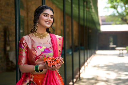Orange Heritage Paithani Lehenga Choli with Zari Weaving Work
