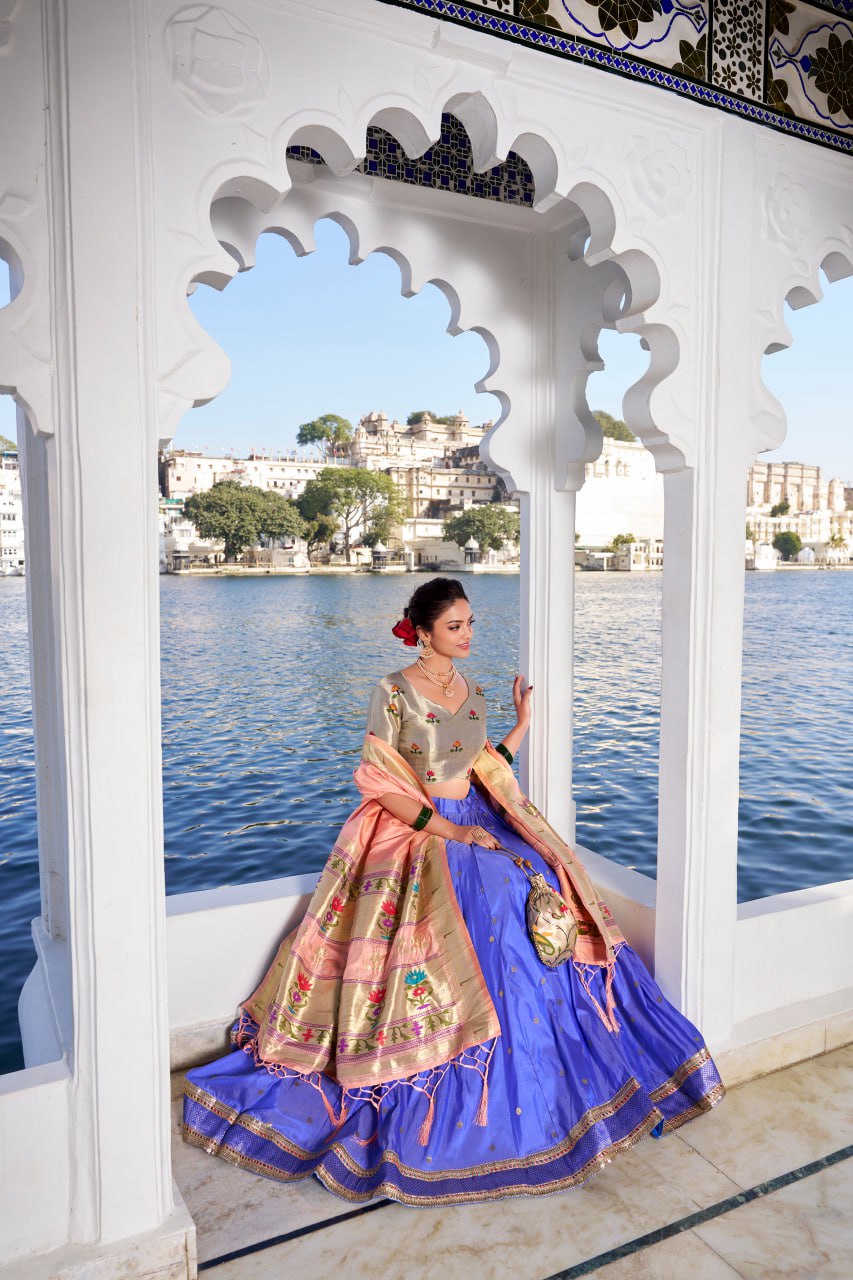 Blue Paithani Traditional Lehenga Choli with Dupatta & Zari Weaving