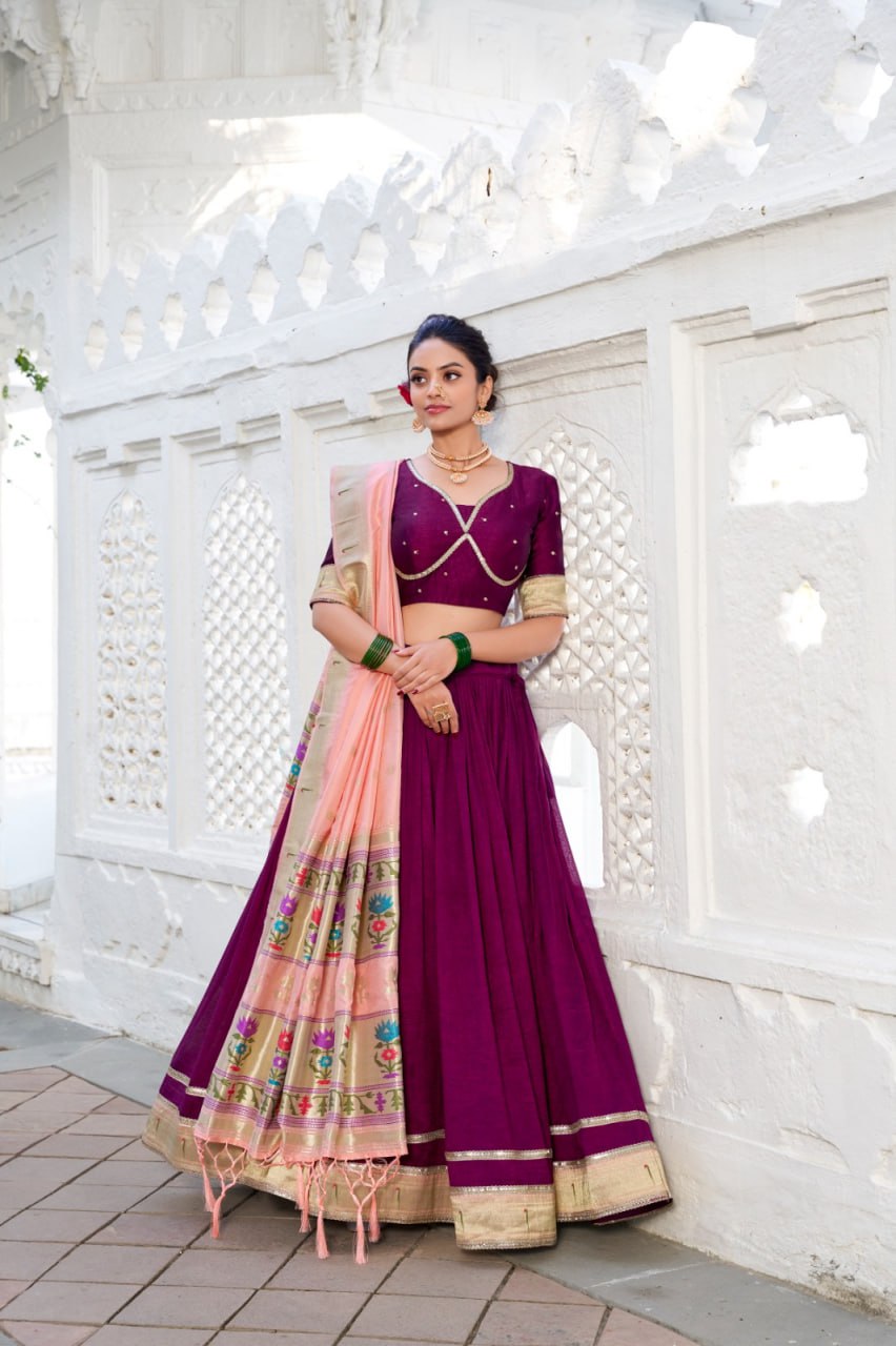 Wine Designer Paithani Wedding Lehenga Choli in Vichitra Silk with Jacquard Silk Dupatta