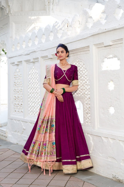 Wine Designer Paithani Wedding Lehenga Choli in Vichitra Silk with Jacquard Silk Dupatta