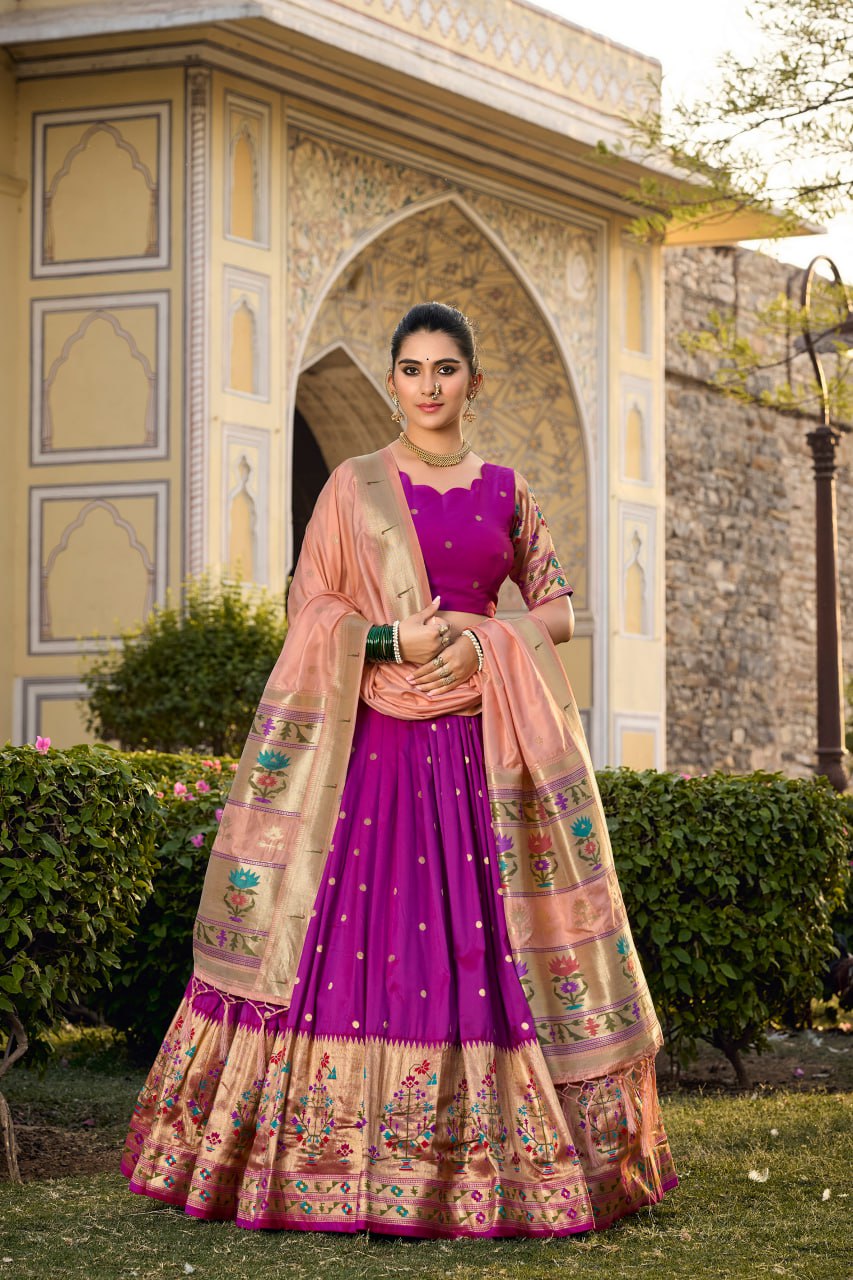 Purple Paithani Lehenga Choli with Zari Weaving Work, Dupatta & Batwa