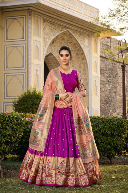 Purple Paithani Lehenga Choli with Zari Weaving Work, Dupatta & Batwa