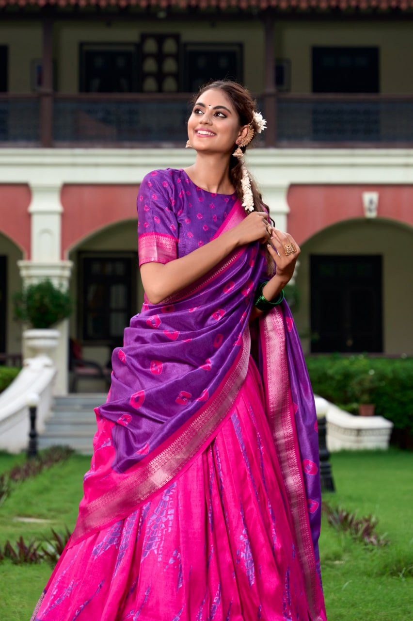 Purple Shibori Print Lehenga Choli with Zari Weaving Border & Tassel Dupatta