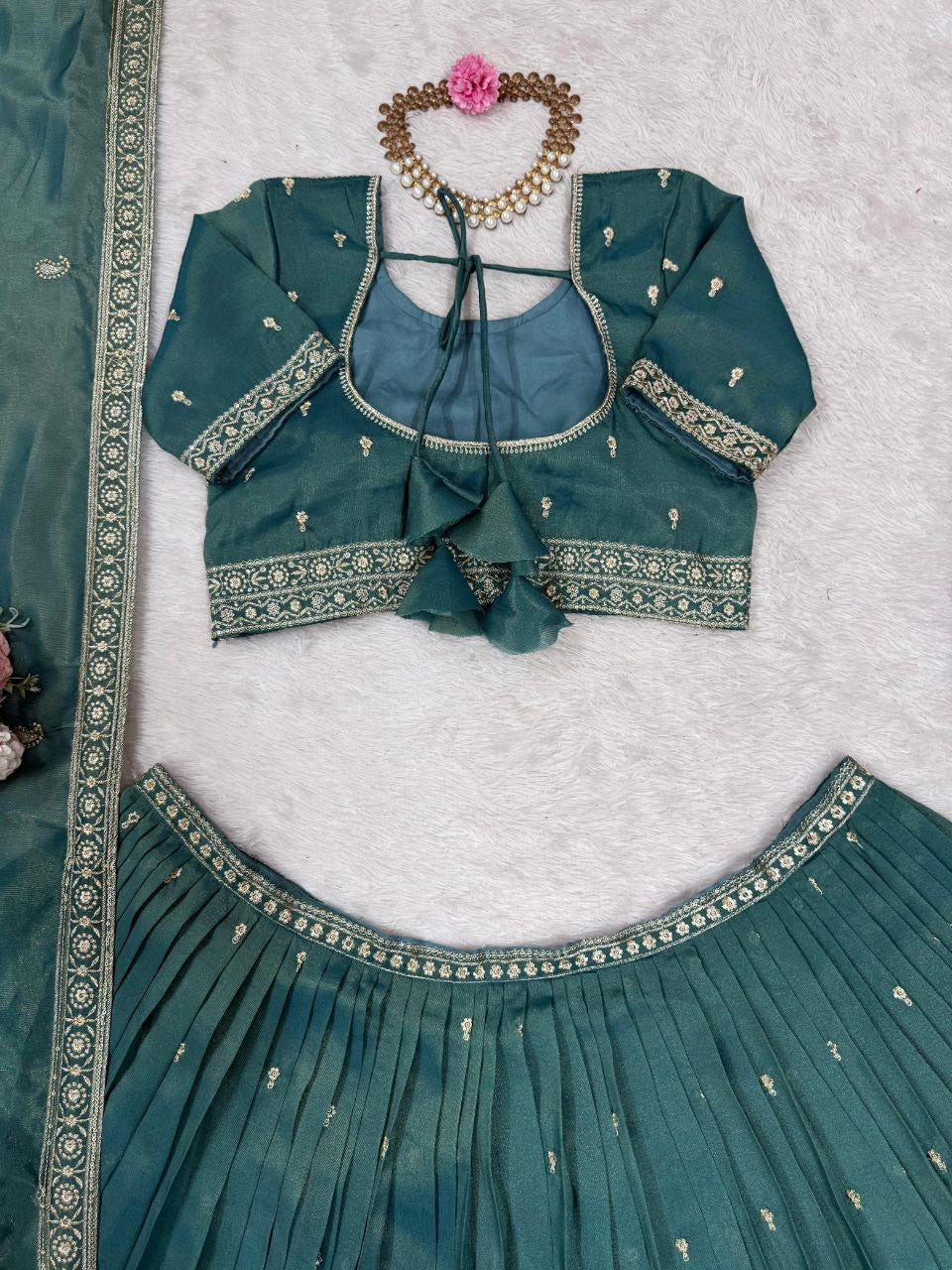 Simmer Silk Sequin Lehenga Choli with Lace Dupatta – 3 Mtr Flair