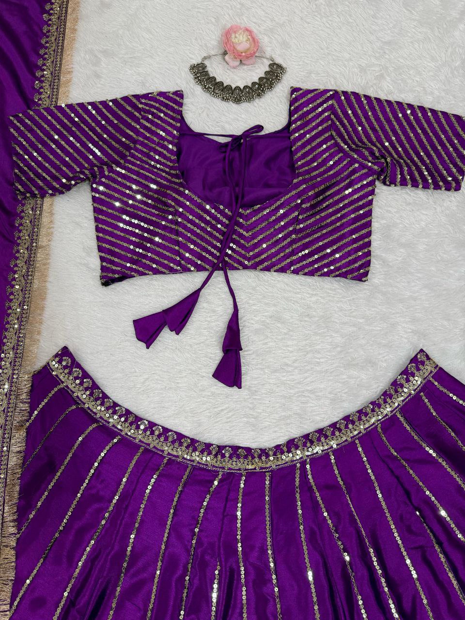 Chinon Silk Lehenga, Sequin Lehenga Choli, Thread Work Lehenga, Full Stitch Lehenga, Lace Border Dupatta, Side Zip Lehenga, 3 Meter Flair Lehenga, Unstitched Blouse, Wedding Wear Lehenga, Festive Ethnic Wear, Lightweight Lehenga Choli, Designer Lehenga Set, Traditional Indian Outfit