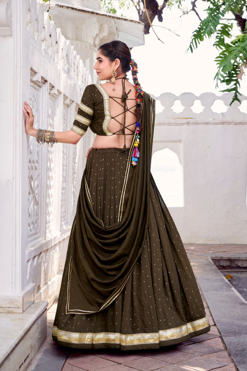 Olive Green  Pure Chanderi Silk Lehenga Choli With Zari Weaving & Lace Touch Up