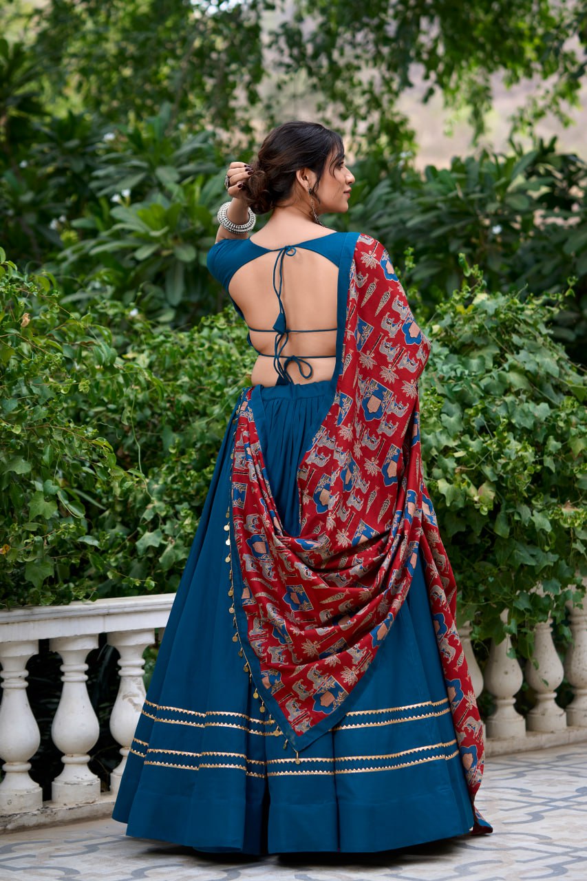 Blue Pure Cotton Kutchi Hand Work Chaniya Choli with Printed Dupatta for Navratri