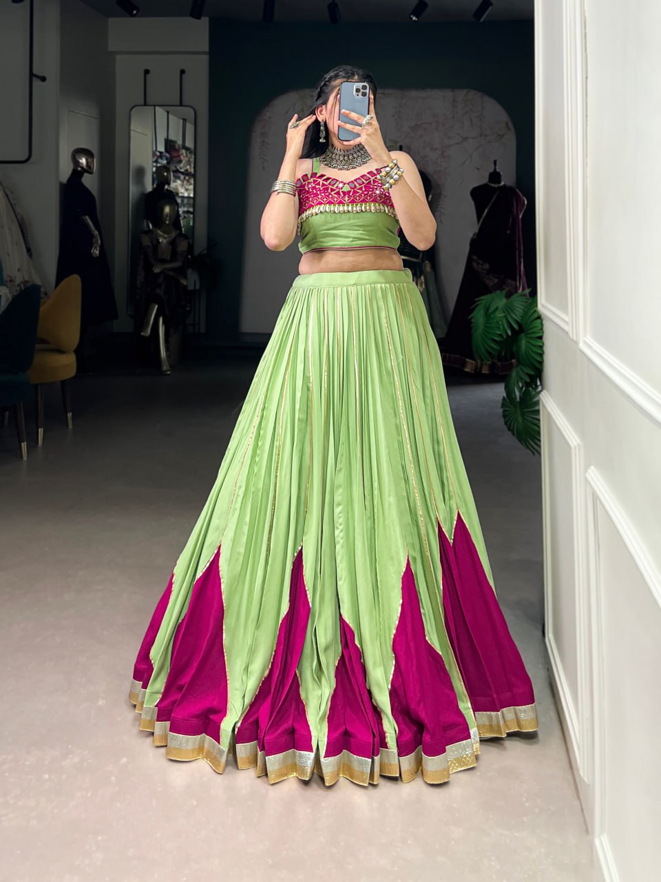 Pure Rayon Green Navratri Lehenga, Green Gamthi Work Lehenga Choli, Mirror Work Navratri Outfit, Gota Patti Blouse Lehenga Choli, Stitched Rayon Lehenga for Women, Green Traditional Navratri Chaniya Choli, Designer Lehenga Choli 2025, Festival Wear Lehenga for Garba, Cowrie Lace Work Lehenga Choli, Women’s Ethnic Wear for Navratri