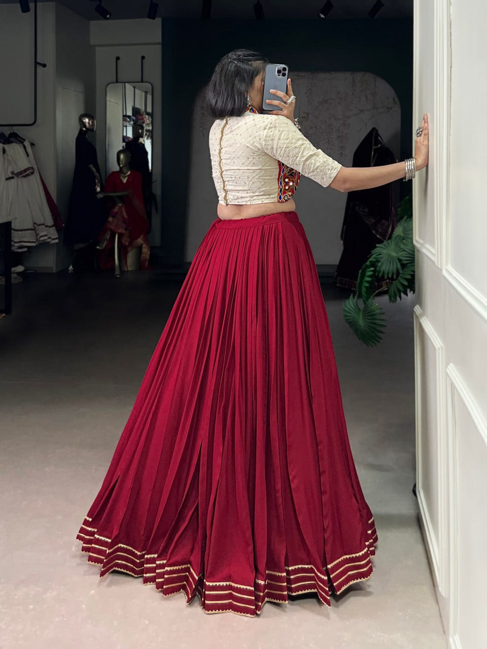 Designer Rayon Lehenga Choli with Khadi Cotton Mirror Gamthi Blouse