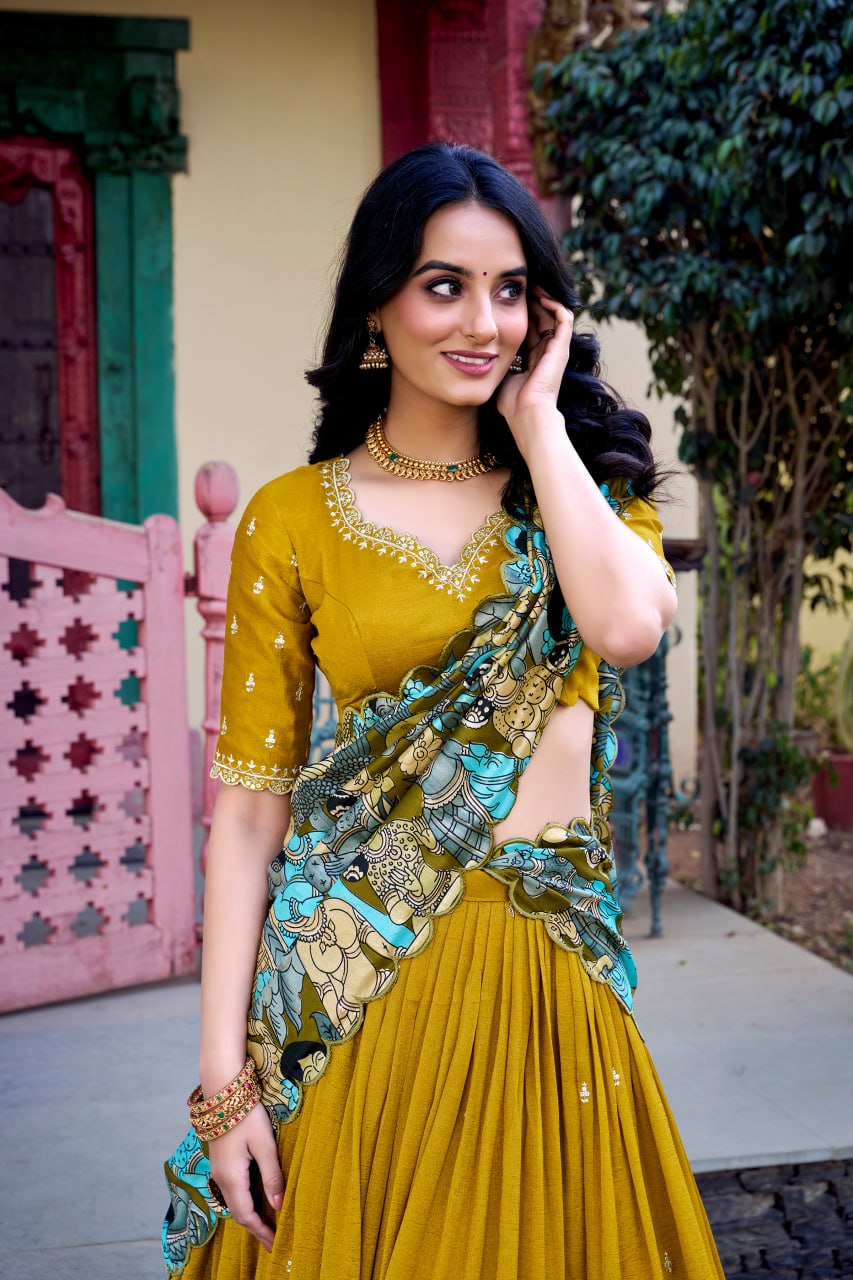 Mustard Designer Wedding Lehenga Choli with Foil Print & Dupatta