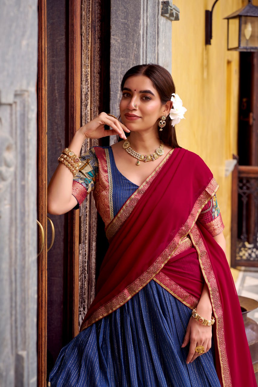 Navy Blue Poly Kalamkari Printed Chanderi Lehenga Choli