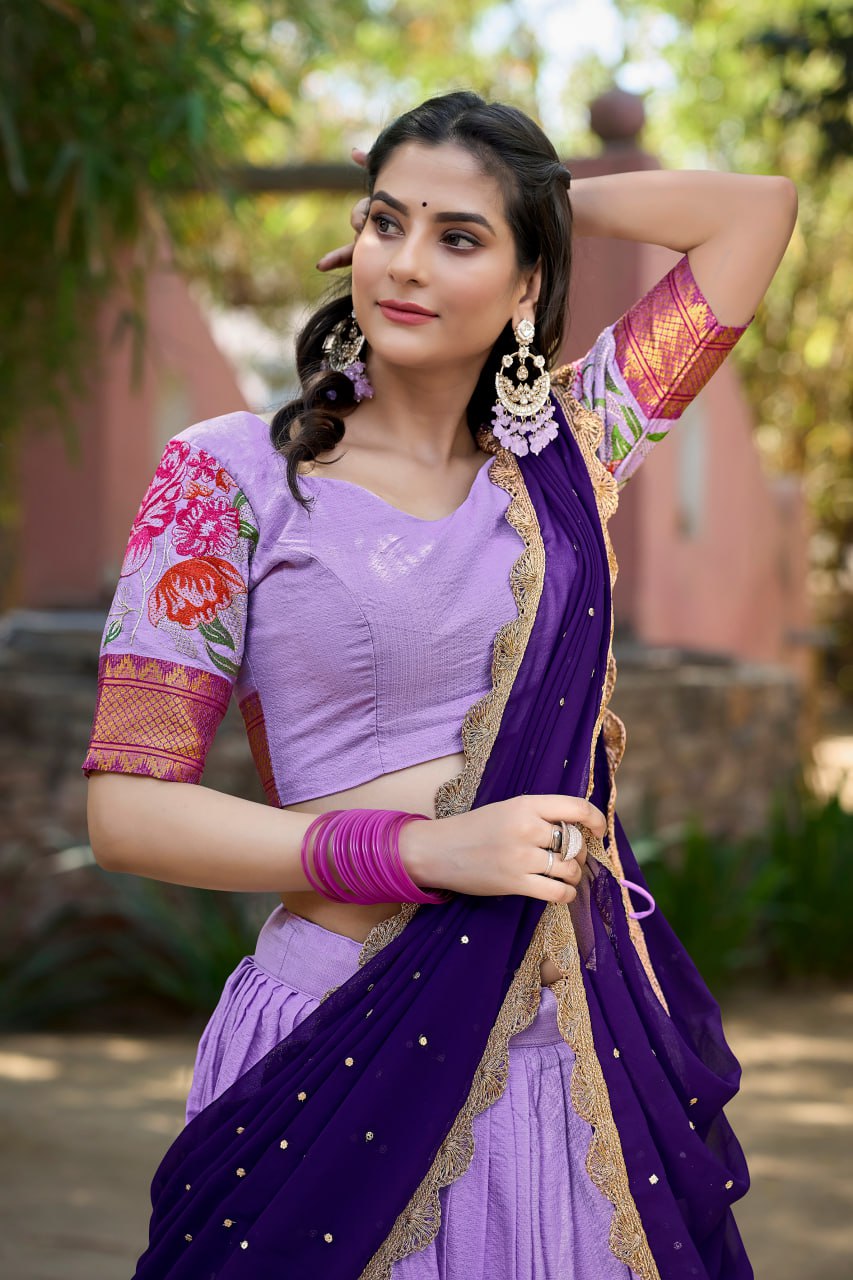 Lavender Cotton Silk Lehenga Choli Thread Embroidery with Drape Georgette Dupatta