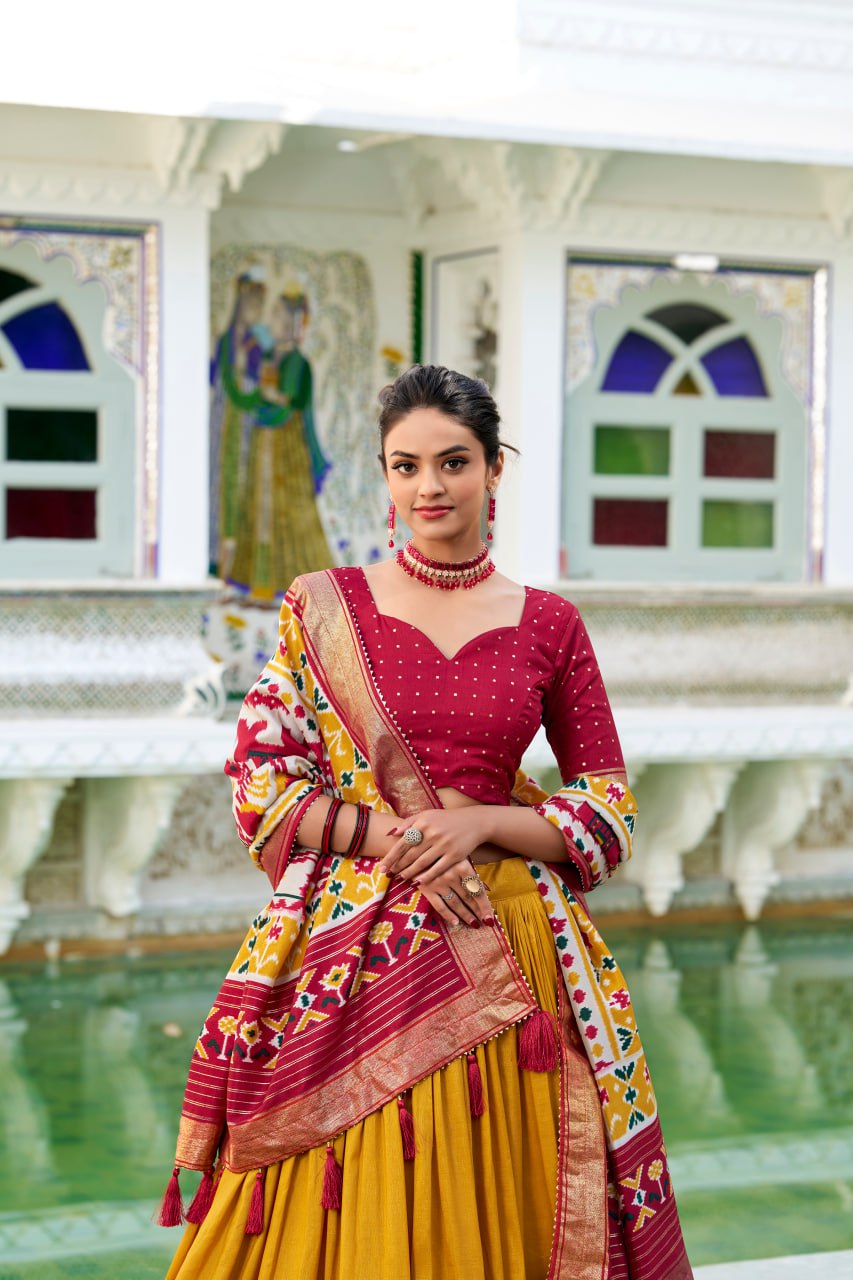 Tussar Silk Traditional Mustard Patola Print Chaniya Choli for Navratri with Foil Work & Gotta Patti Dupatta