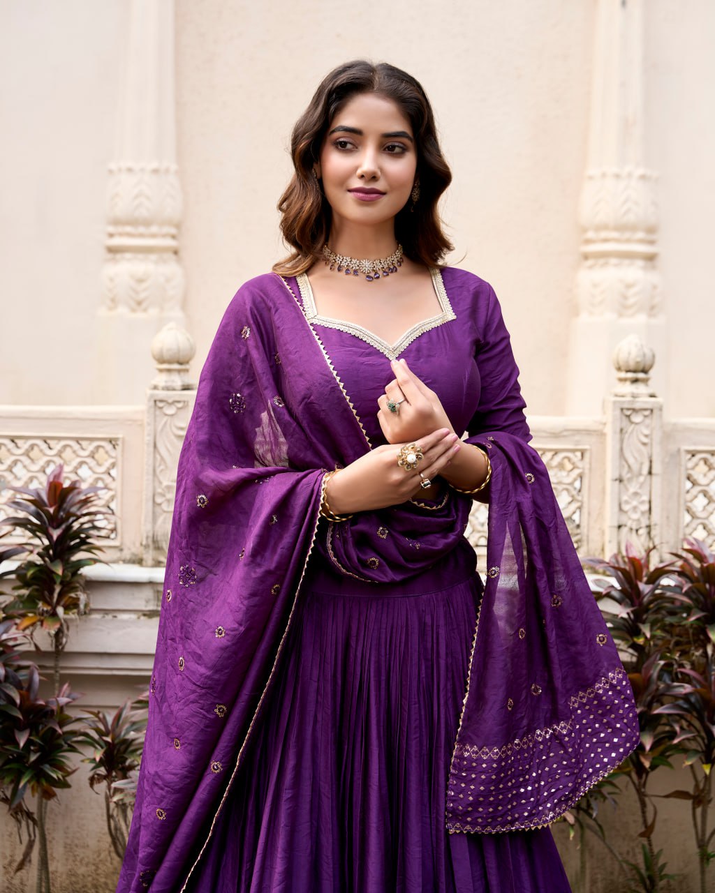 Pure Chanderi Dark Purple Chaniya Choli for Navratri with Zari Weaving Border & Sequins Dupatta