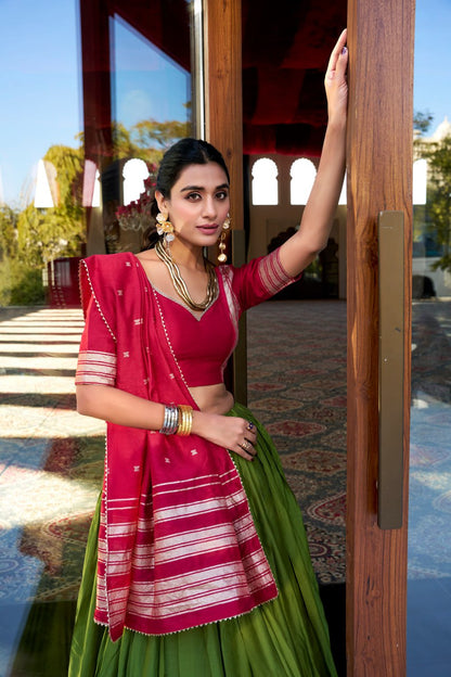 Designer Pure Chanderi Mehndi Green Bridal Lehenga Choli with Zari Weaving Work & Dupatta
