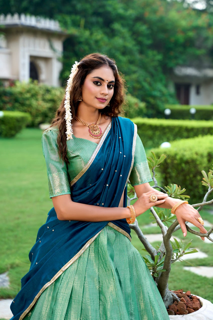 Sea Green Kanchipuram Lehenga Choli with Zari Weaving Work & Vichitra Silk Embroidered Dupatta