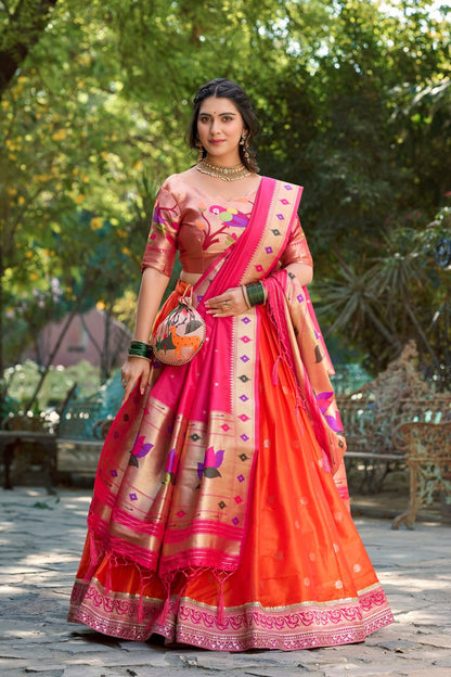 Orange Heritage Paithani Lehenga Choli with Zari Weaving Work