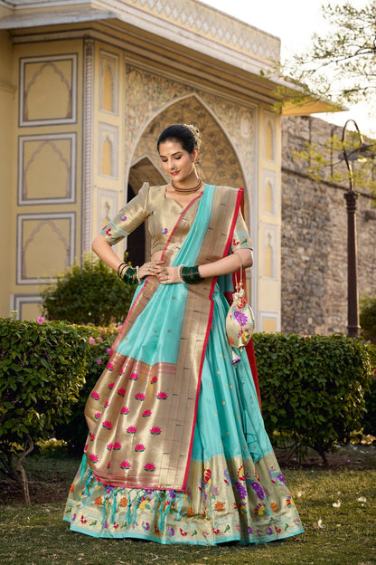 Sea Blue Paithani Lehenga Choli with Zari Weaving Work, Dupatta & Batwa