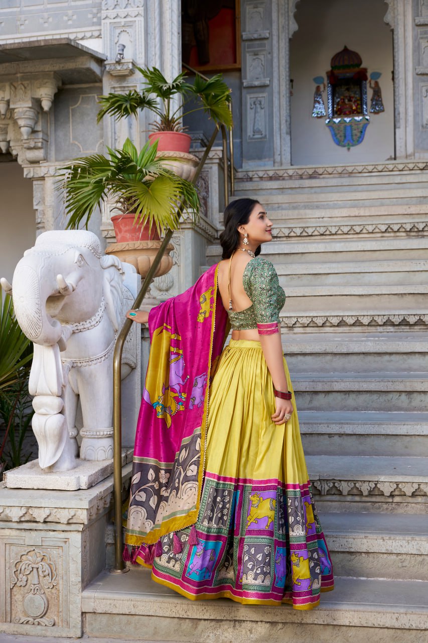 Yellow Kalamkari Lehenga Choli with Foil Work & Gota Patti Dupatta