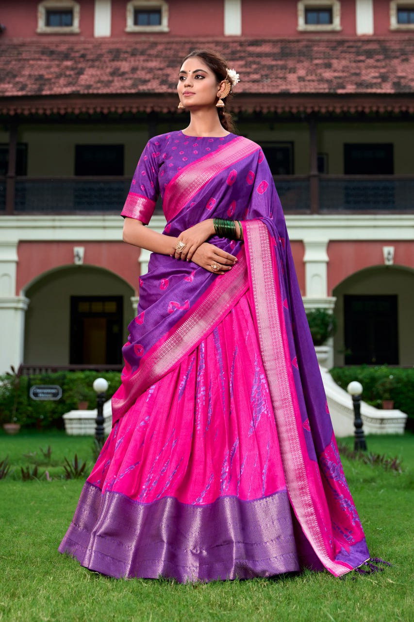 Purple Shibori Print Lehenga Choli with Zari Weaving Border & Tassel Dupatta