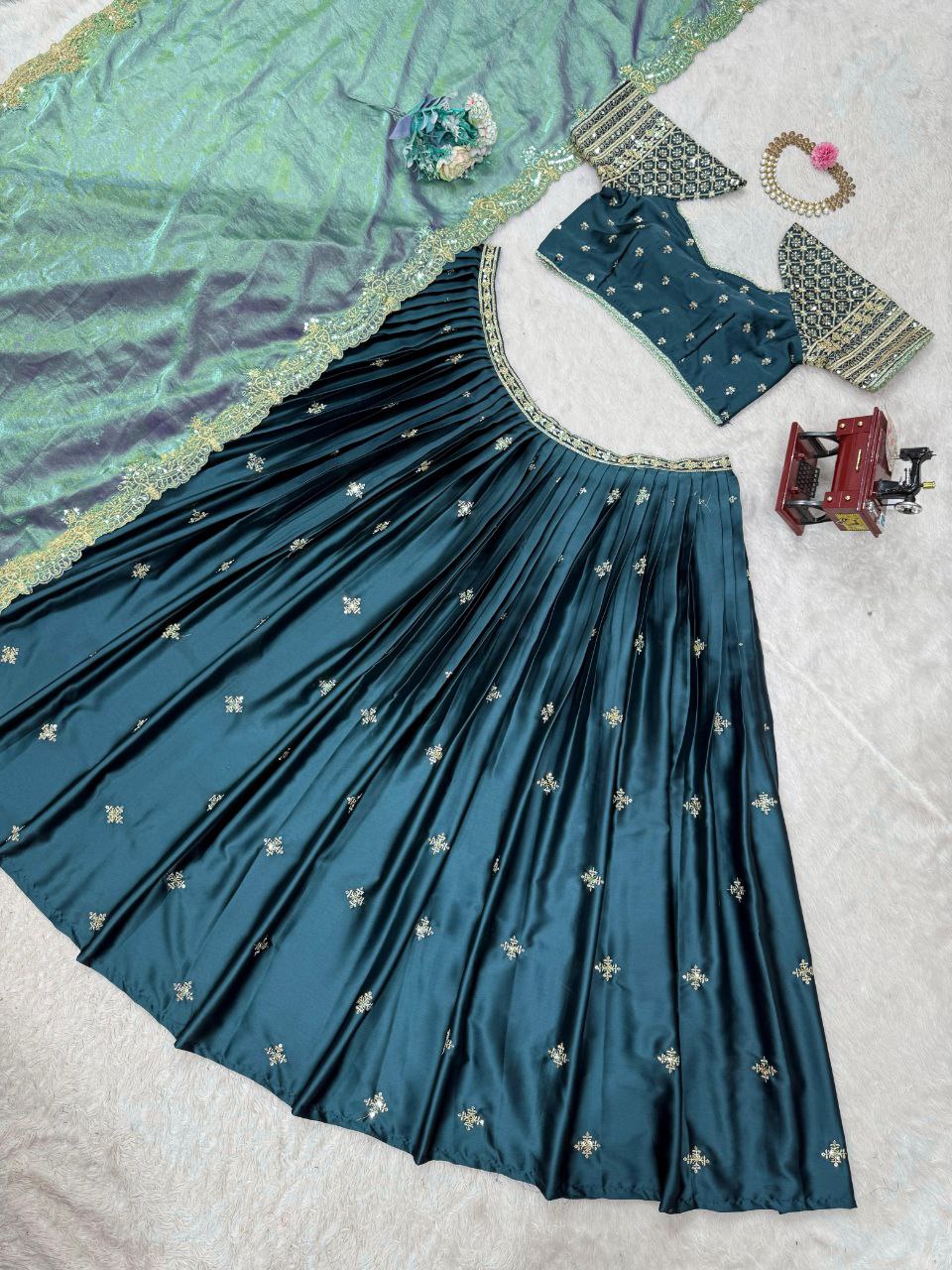 Japan Satin Lehenga, Sequin Lehenga Choli, Thread Work Lehenga, Cutwork Dupatta, Fendi Silk Dupatta, 3.5 Meter Flair Lehenga, Full Stitch Lehenga, Side Zip Lehenga, Unstitched Blouse, Lightweight Lehenga Choli, Wedding Wear, Festive Ethnic Outfit, Designer Lehenga Set, Traditional Indian Wear