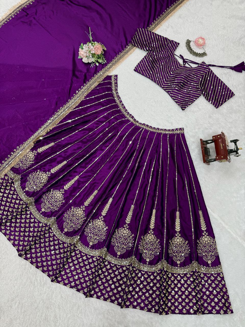 Chinon Silk Lehenga, Sequin Lehenga Choli, Thread Work Lehenga, Full Stitch Lehenga, Lace Border Dupatta, Side Zip Lehenga, 3 Meter Flair Lehenga, Unstitched Blouse, Wedding Wear Lehenga, Festive Ethnic Wear, Lightweight Lehenga Choli, Designer Lehenga Set, Traditional Indian Outfit