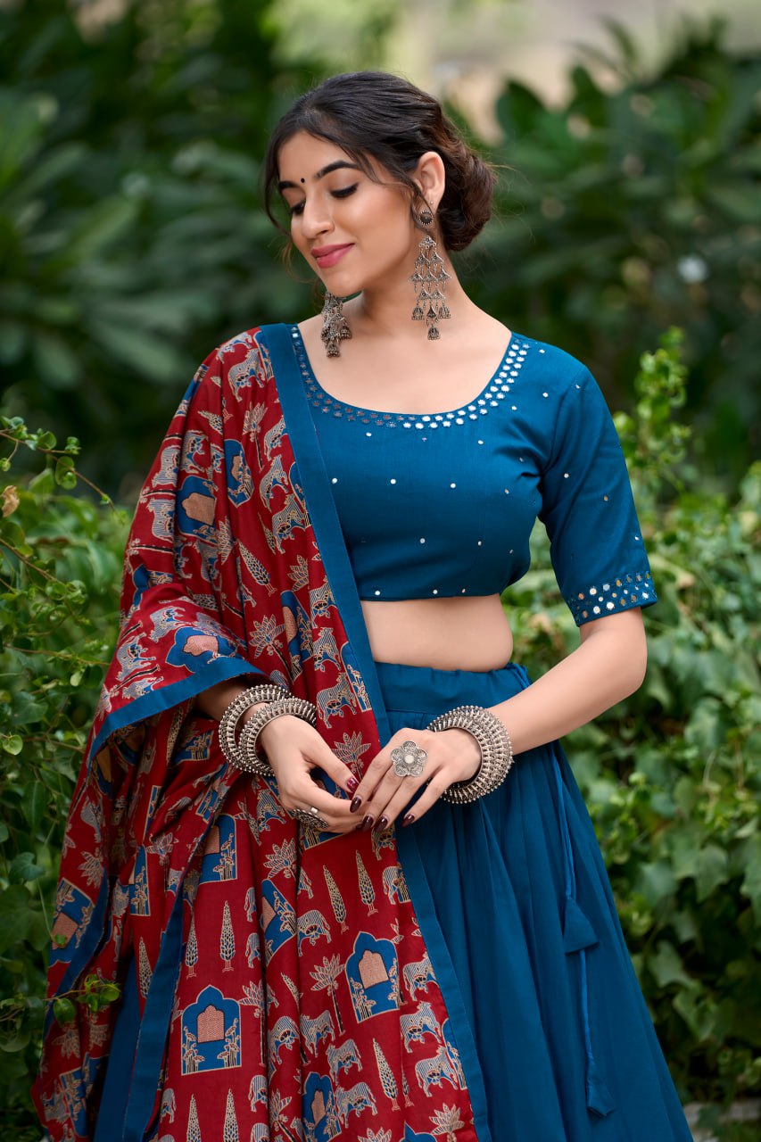 Blue Pure Cotton Kutchi Hand Work Chaniya Choli with Printed Dupatta for Navratri