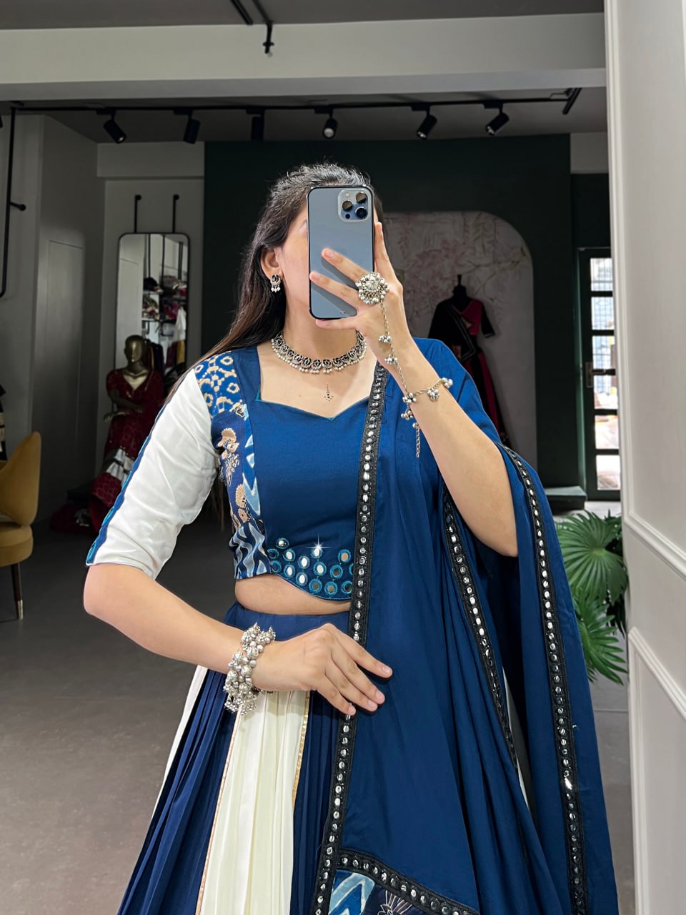 Blue Rayon Printed Lehenga Choli with Mirror Work & Gota Patti