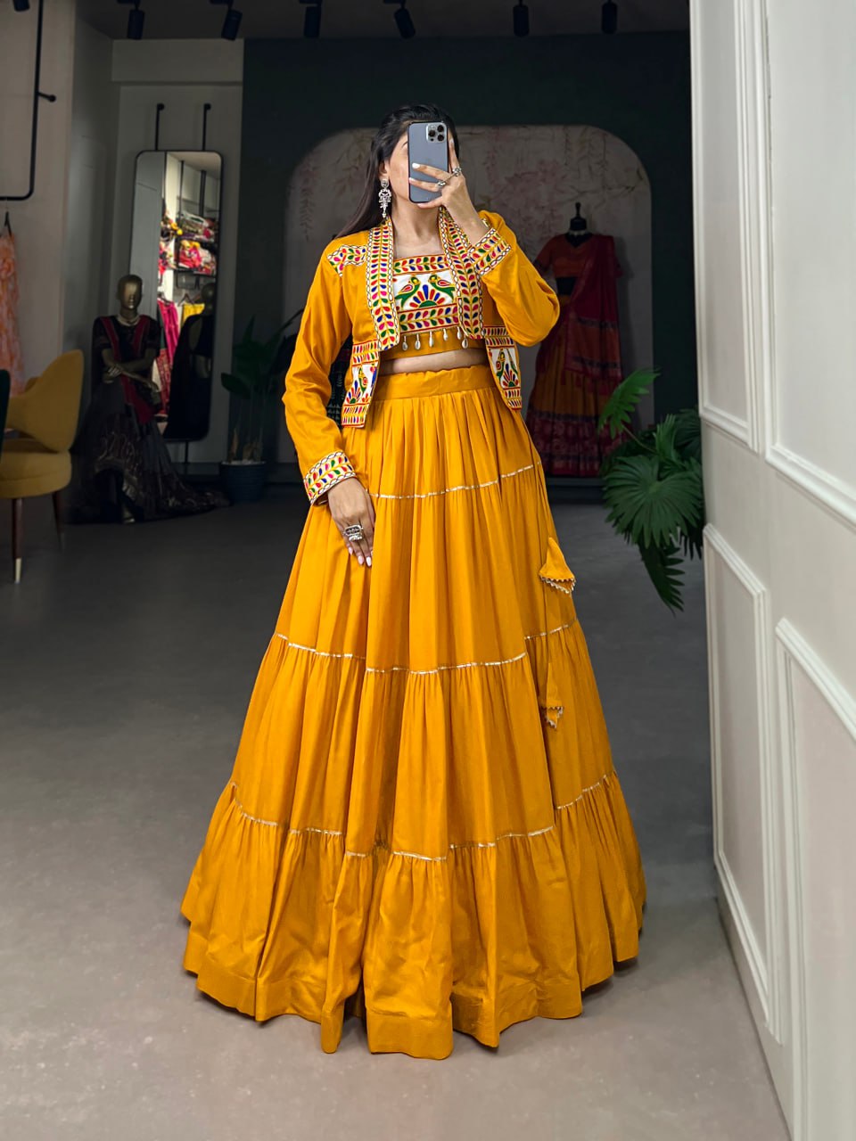 Navratri Lehenga Choli with Koti, Pure Rayon Lehenga Set, Gamthi Work Festival Wear Outfit, Gota Patti Lehenga for Navratri, Designer Navratri Chaniya Choli 2025, Stitched Lehenga Choli with Jacket, Traditional Indian Lehenga Outfit, Cowrie Lace Work Lehenga Choli, Women’s Navratri Garba Dress, Rayon Lehenga Choli with Gamthi Embroidery
