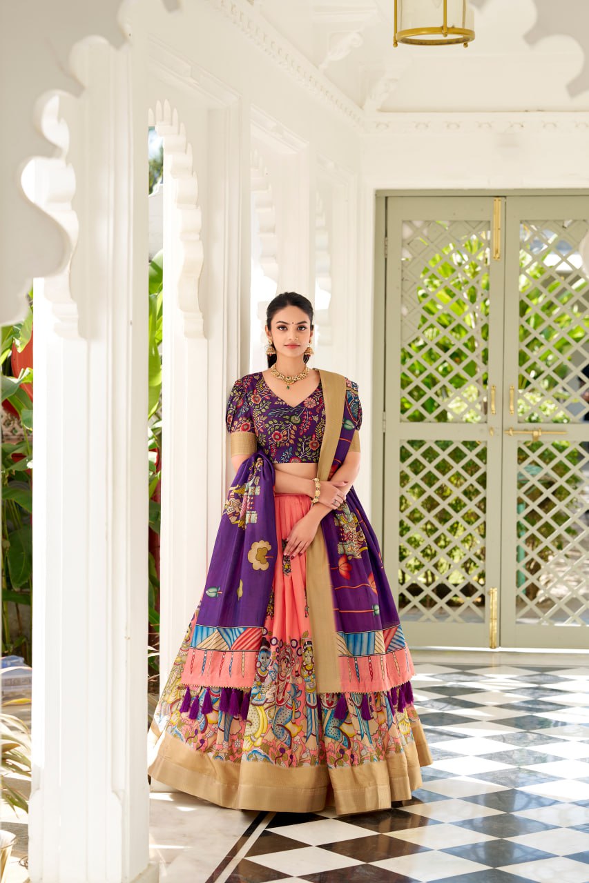 Dola Silk Kalamkari Print Purple Garba Chaniya Choli Weaving Border