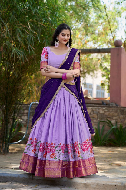 Lavender Cotton Silk Lehenga Choli Thread Embroidery with Drape Georgette Dupatta