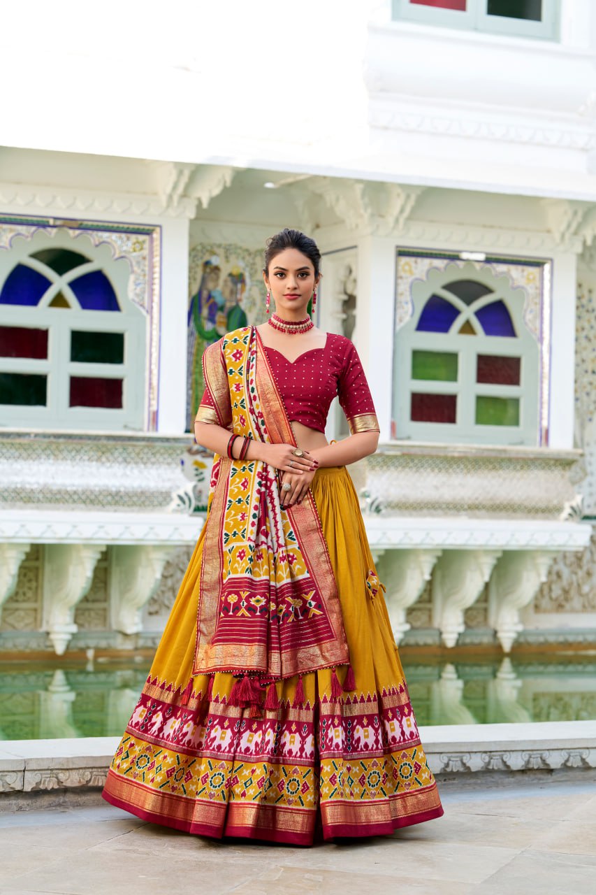 Tussar Silk Traditional Mustard Patola Print Chaniya Choli for Navratri with Foil Work & Gotta Patti Dupatta