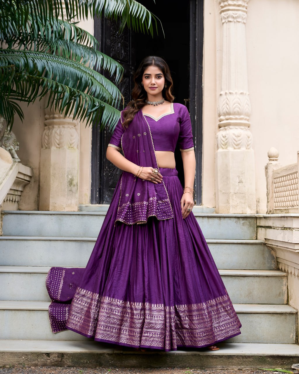 Pure Chanderi Dark Purple Chaniya Choli for Navratri with Zari Weaving Border & Sequins Dupatta