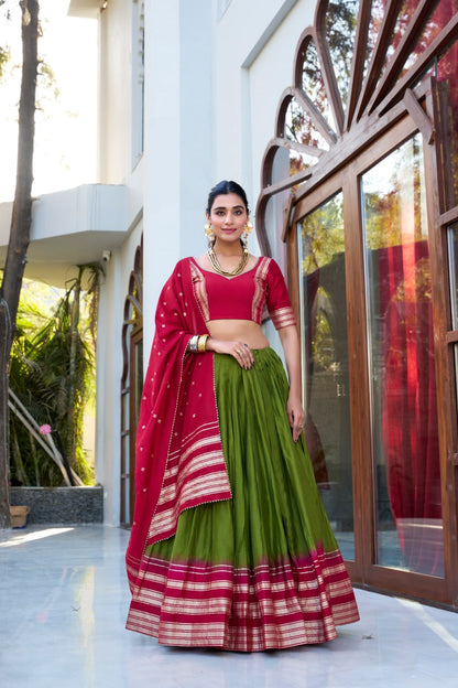 Designer Pure Chanderi Mehndi Green Bridal Lehenga Choli with Zari Weaving Work & Dupatta