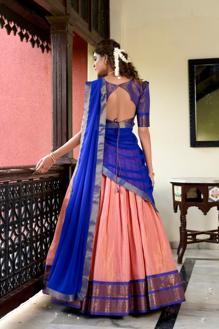 Peach Heritage Kanchipuram Silk Lehenga Choli with Zari Weaving & Dupatta