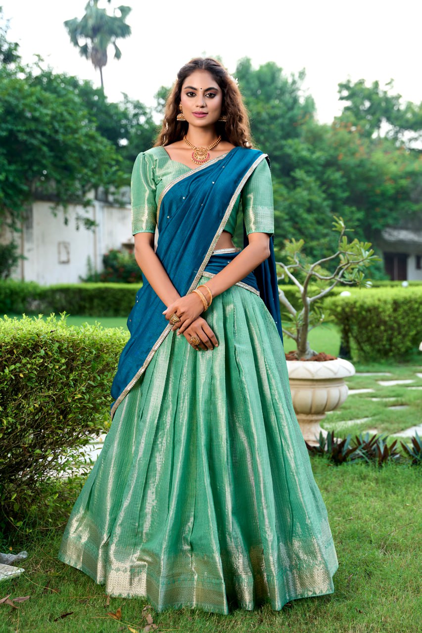 Sea Green Kanchipuram Lehenga Choli with Zari Weaving Work & Vichitra Silk Embroidered Dupatta