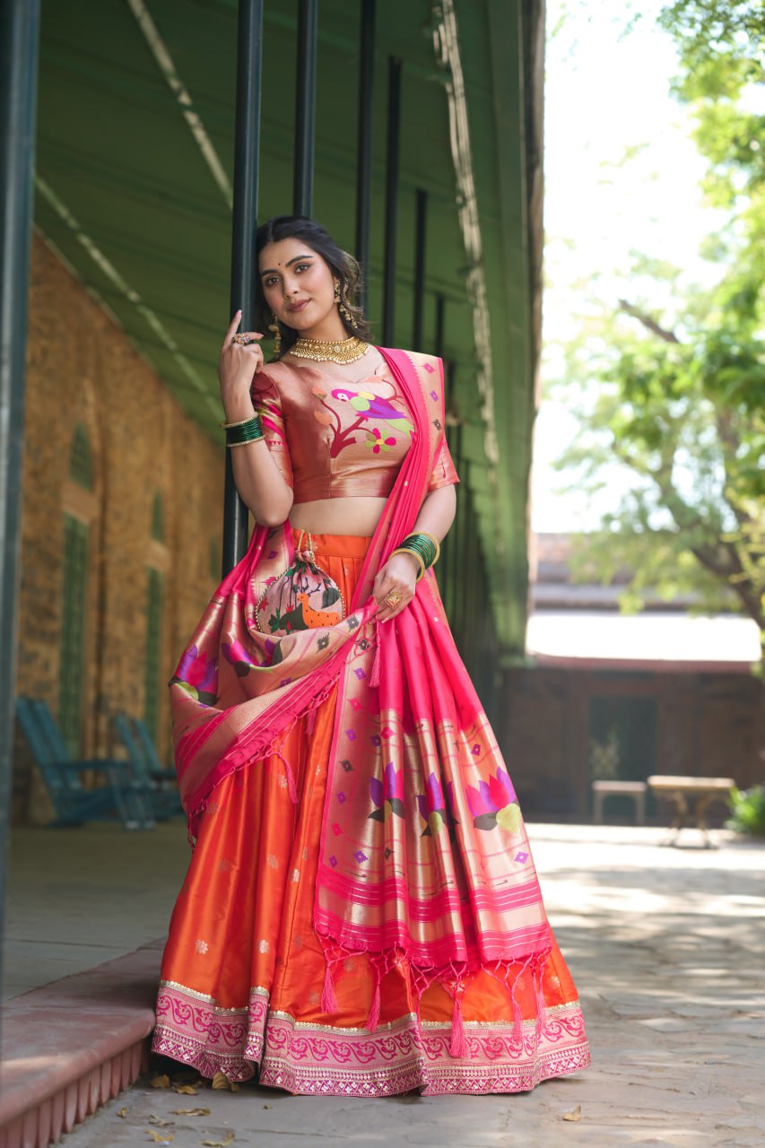 Orange Heritage Paithani Lehenga Choli with Zari Weaving Work