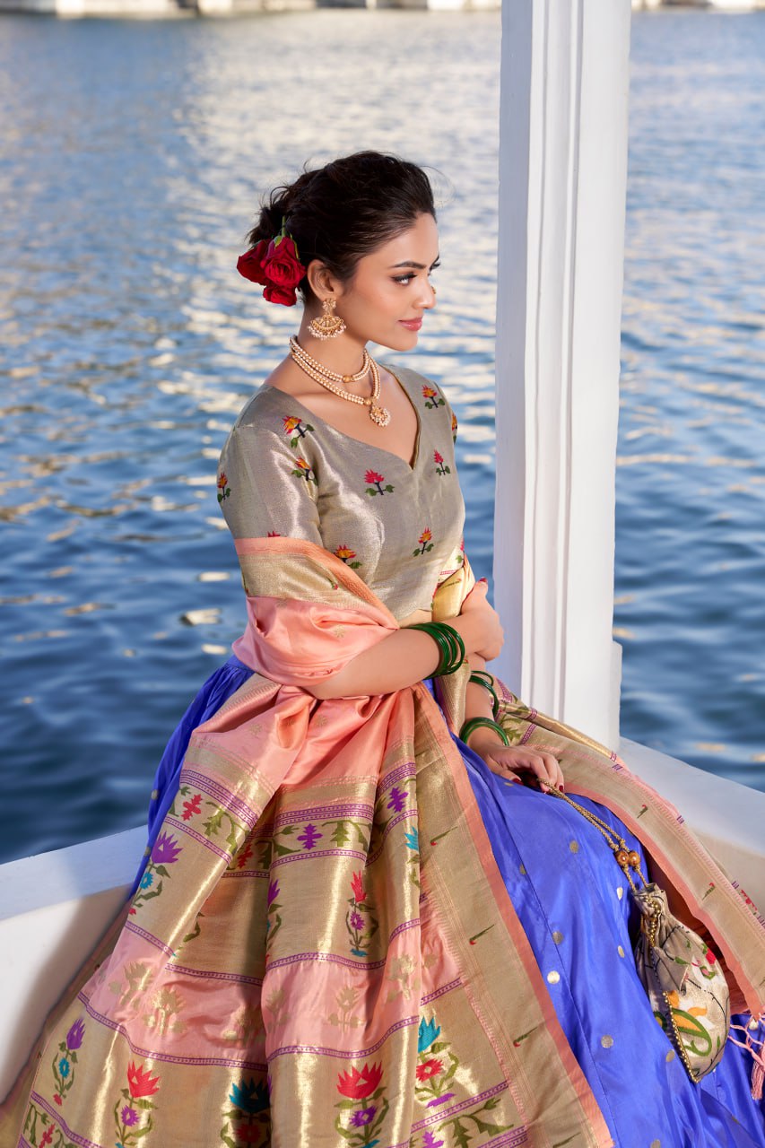 Blue Paithani Traditional Lehenga Choli with Dupatta & Zari Weaving