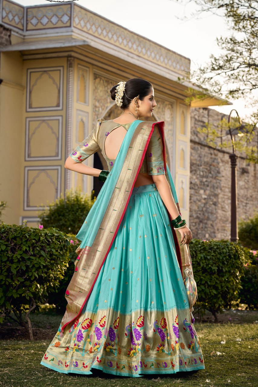 Sea Blue Paithani Lehenga Choli with Zari Weaving Work, Dupatta & Batwa
