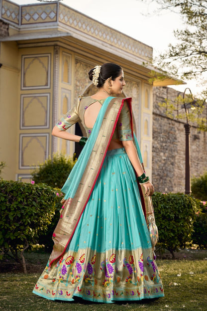Sea Blue Paithani Lehenga Choli with Zari Weaving Work, Dupatta & Batwa