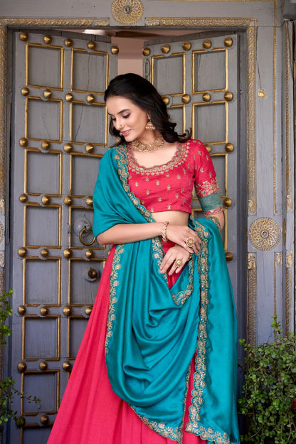 Rose Pink Party Wear Lehenga Choli with Zari Weaving & Dupatta