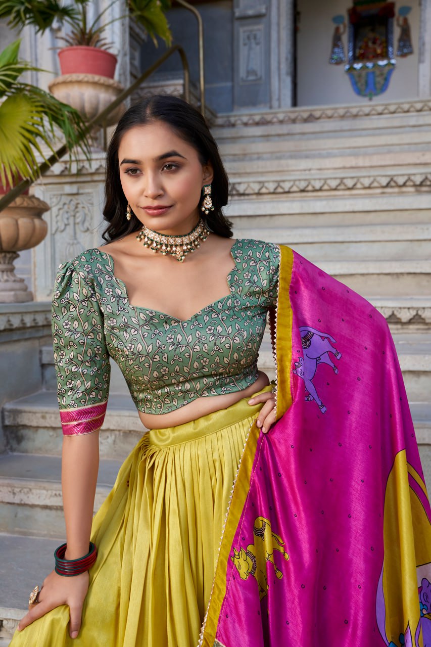 Yellow Kalamkari Lehenga Choli with Foil Work & Gota Patti Dupatta