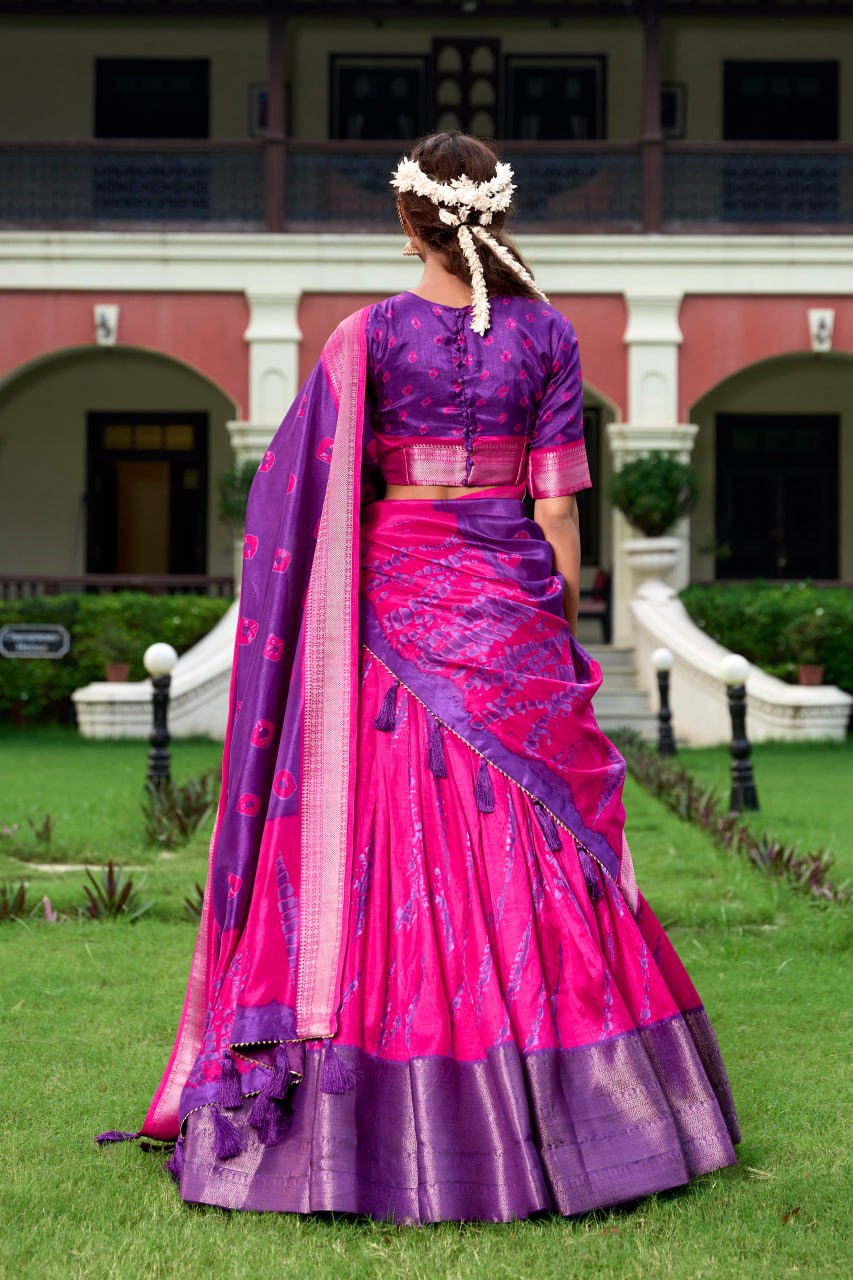Purple Shibori Print Lehenga Choli with Zari Weaving Border & Tassel Dupatta